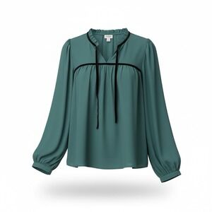 J.Crew Emerald Green Velvet Trim Blouse Large NWT Tie Neck Long Sleeve